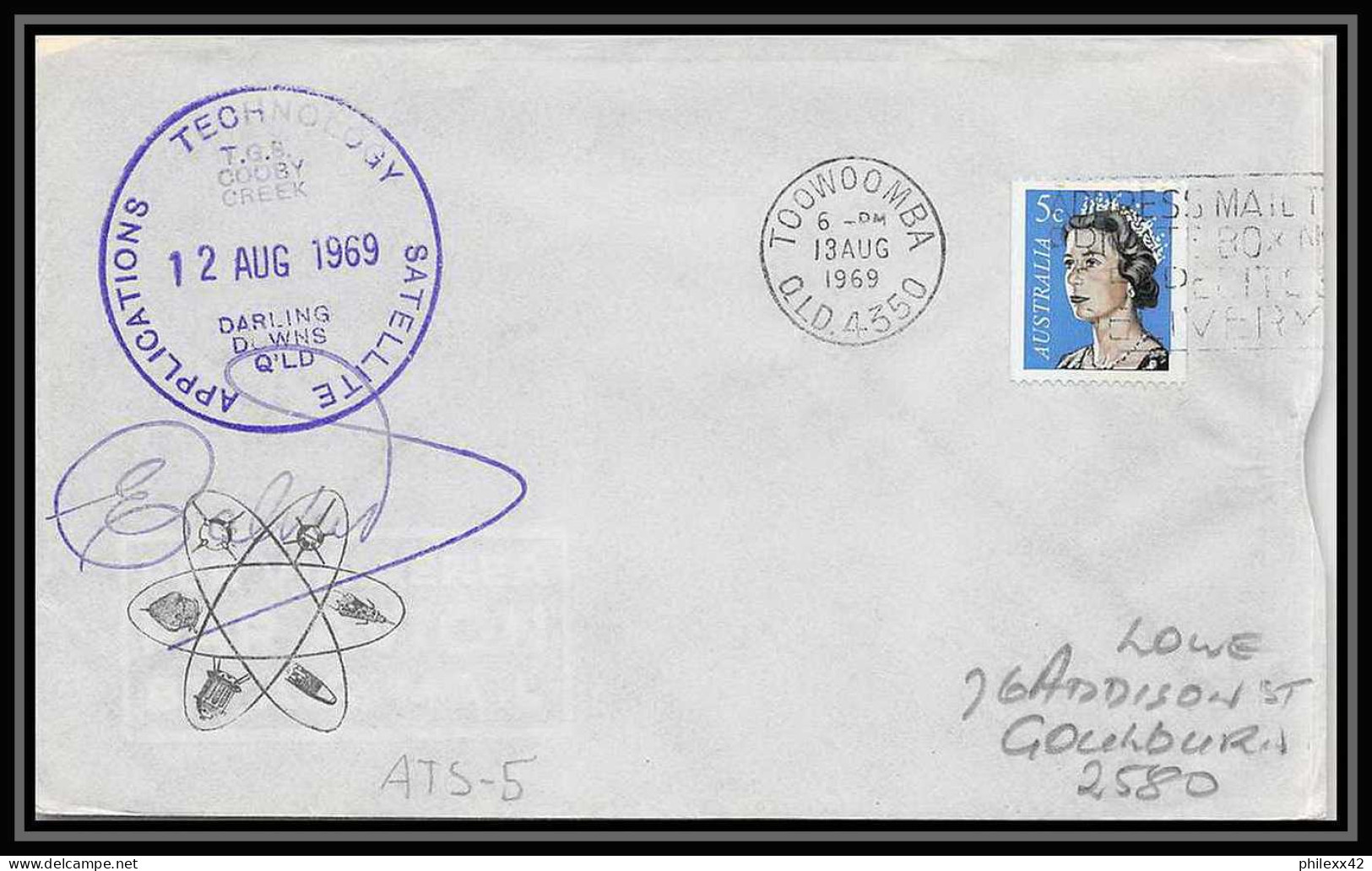 5417/ Espace (space) Lettre (cover) 12/8/1969 Signé (signed) Technology Satellite Toowoomba Australie (australia) - Oceania