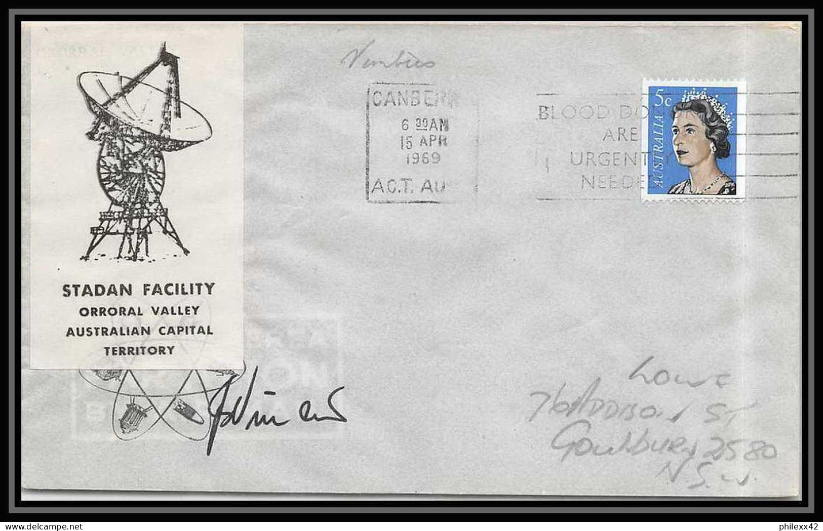 5418/ Espace (space) Lettre (cover) 15/4/1969 Signé (signed) Stadan Facility Orroral Valley Australie (australia) - Ozeanien