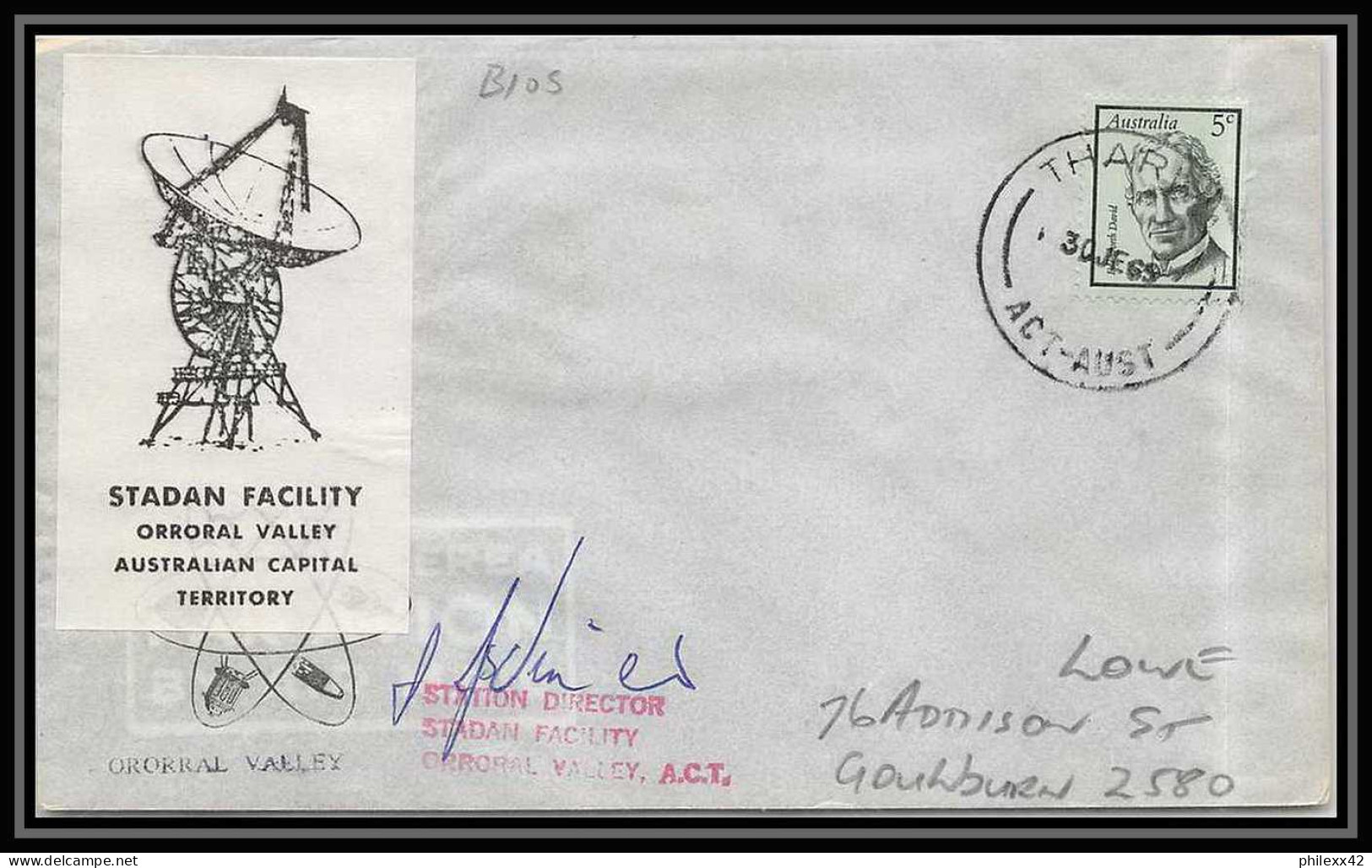 5420/ Espace (space) Lettre (cover) 30/3/1969 (signed Autograph) Stadan Facility Orroral Valley Australie (australia) - Oceania