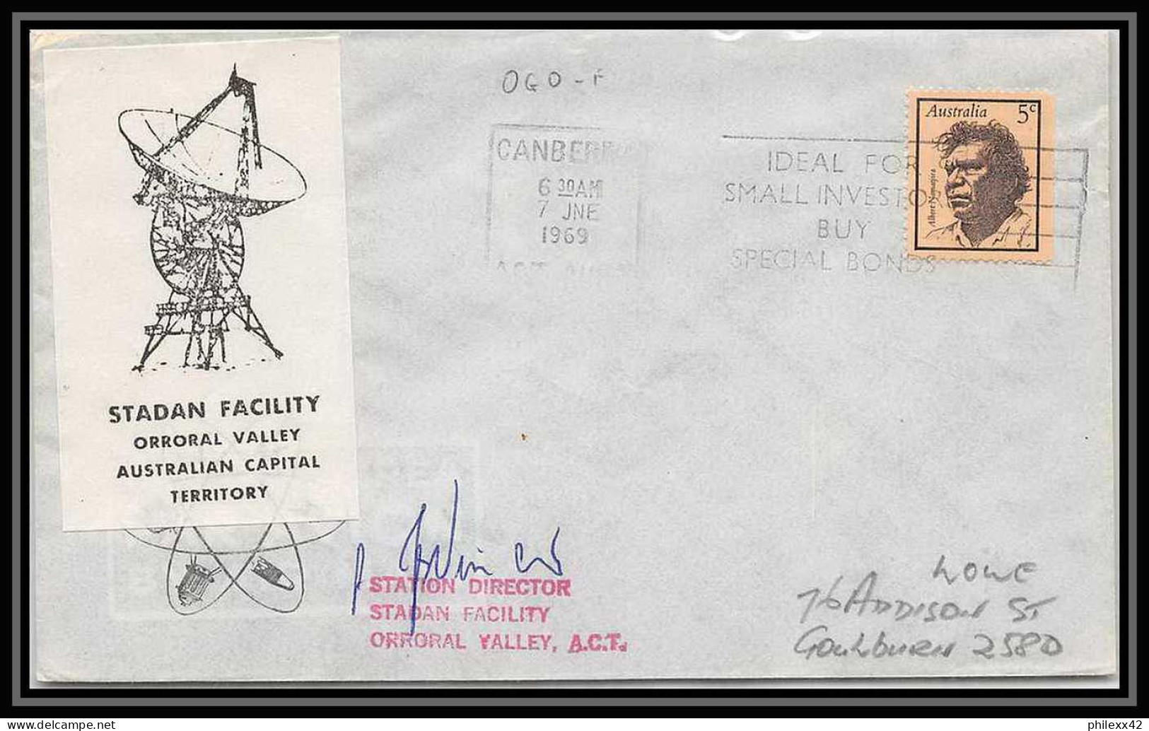 5421/ Espace (space) Lettre (cover) 7/6/1969 (signed Autograph) Stadan Facility Orroral Valley Australie (australia) - Oceanië