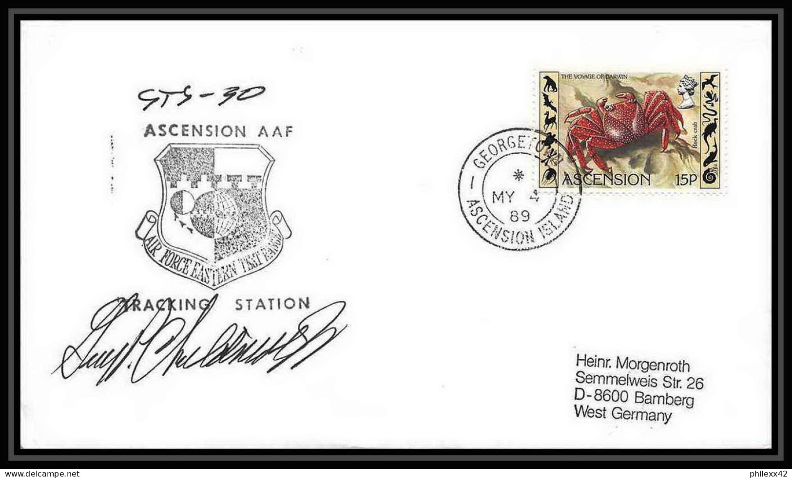5455/ Espace (space) Lettre (cover) 4/5/1989 Signé (signed) Sts 30 Eorgetown Esatern Test Range Aaf Ascension Island - Afrika