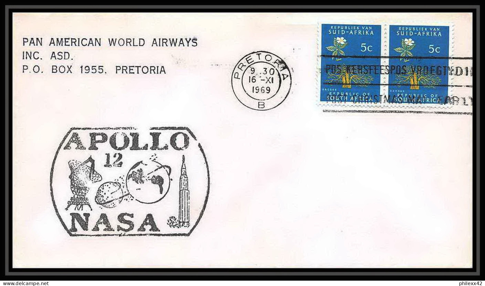5492/ Espace (space) Lettre (cover) 16/11/1969 APOLLO 12 Pan American World Airways Afrique Du Sud (RSA) - Afrique