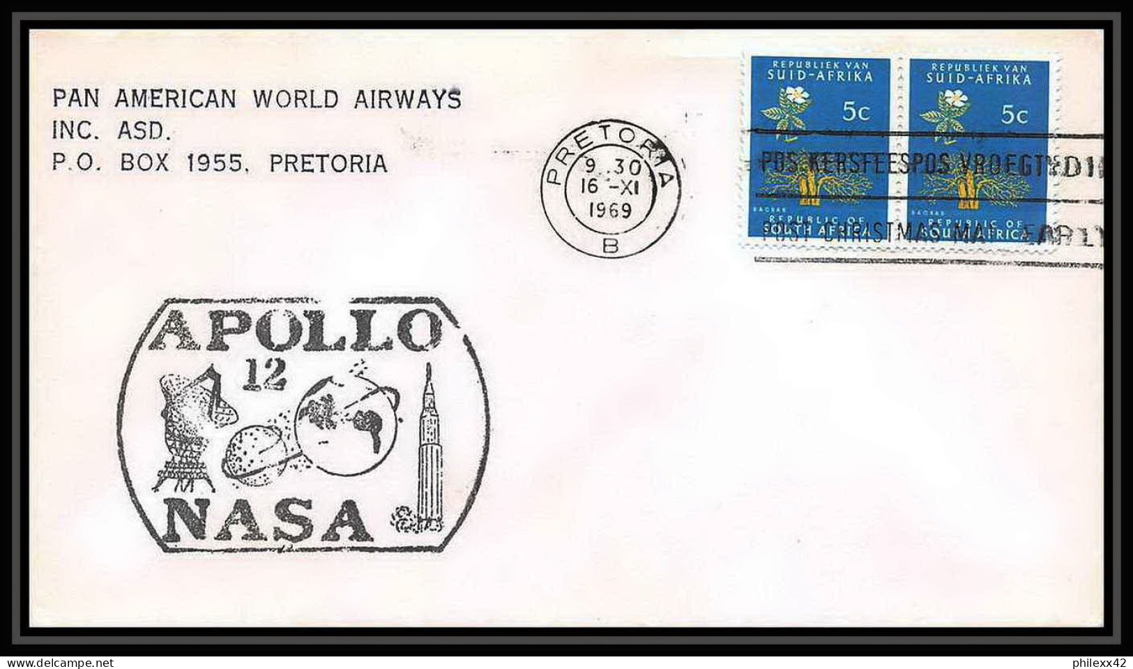 5492/ Espace (space) Lettre (cover) 16/11/1969 APOLLO 12 Pan American World Airways Afrique Du Sud (RSA) - Africa