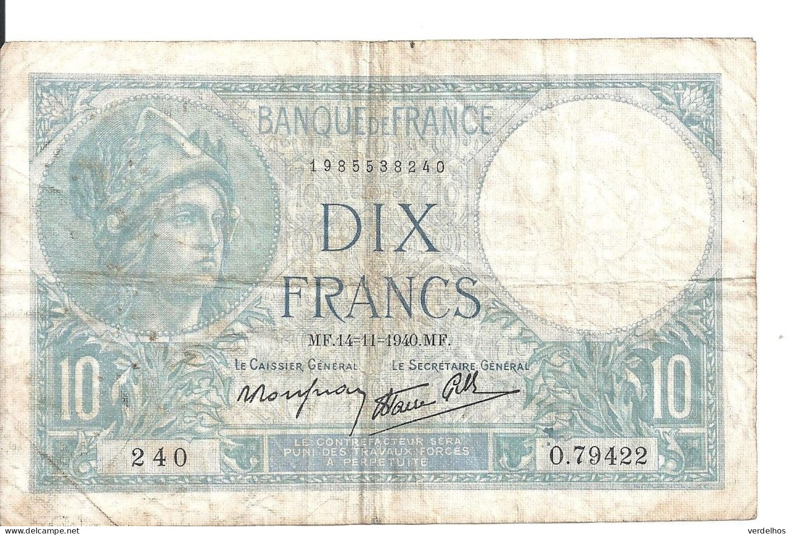 FRANCE 10 FRANCS 1940 VF P 84 - 10 F 1916-1942 ''Minerve''