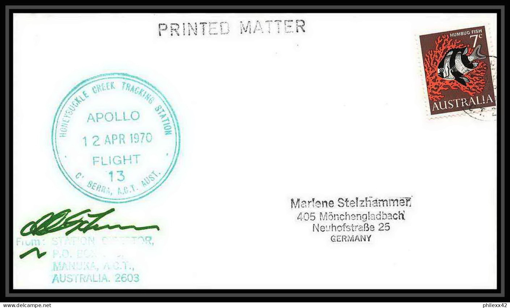 5725/ Espace (space) Lettre (cover) 20/4/1970 Signé (signed) Apollo Flight 13 Honeysuckle Creek Australie (australia) - Oceania