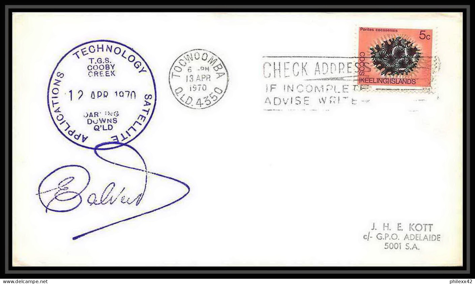 5818/ Espace (space) Lettre (cover) 13/4/1970 Signé (signed Autograph) Cooby Creek Toowooba Cocos Keeling Islands - Oceania