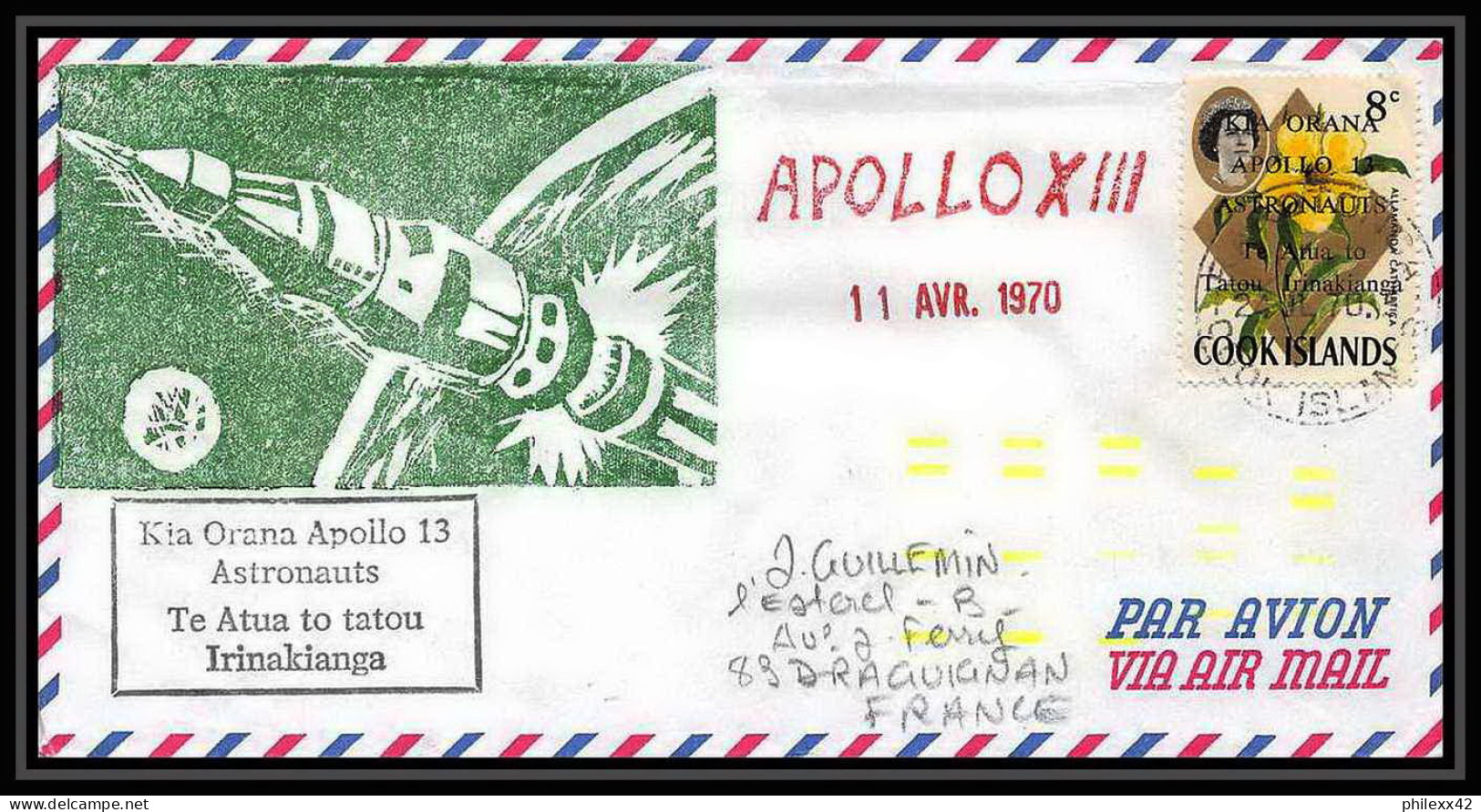 5819/ Espace (space) Lettre (cover) 11/4/1970 Apollo 13 Kia Orana Cook Islands - Oceania