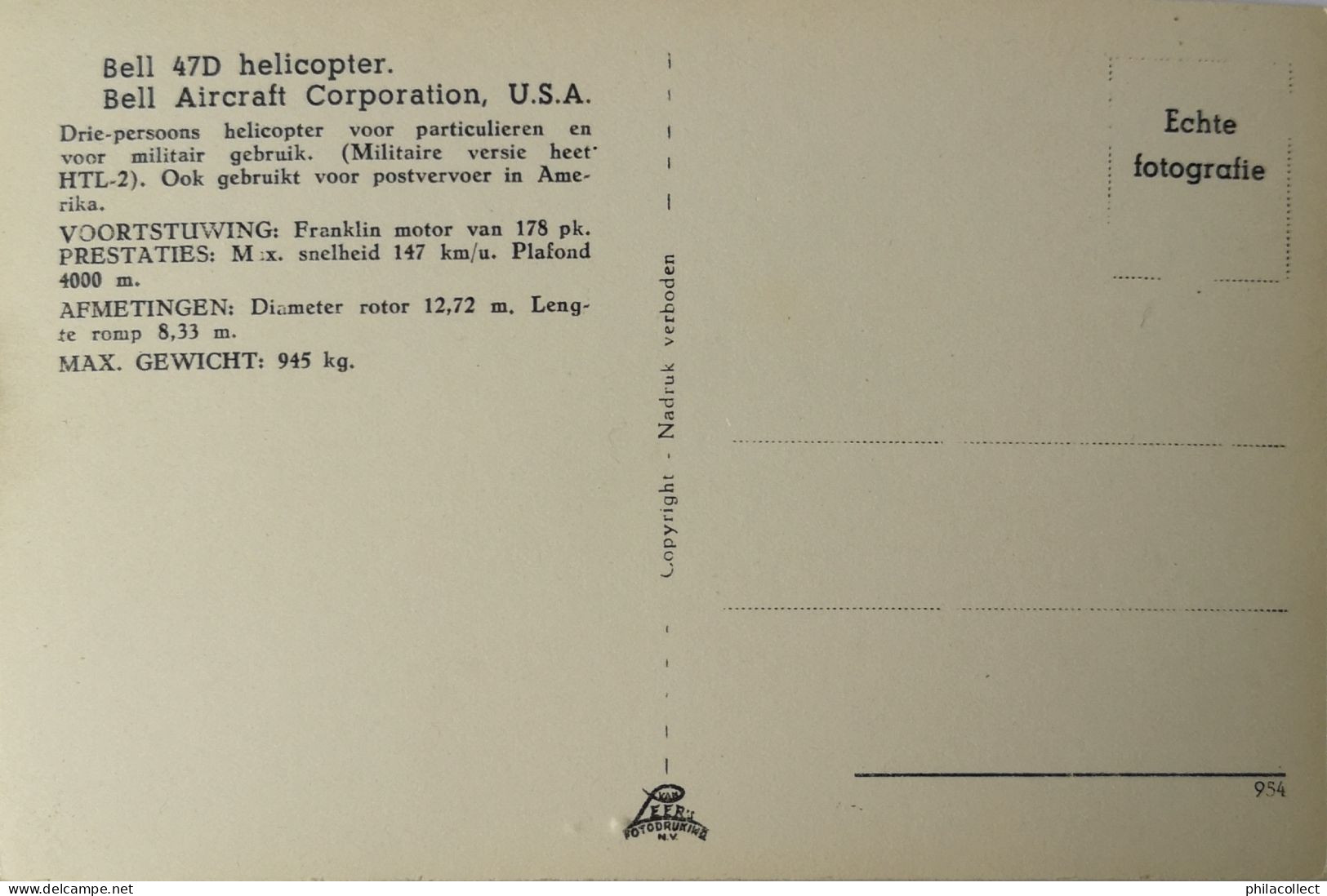 Bell 47D Helicopter - Bell Aircraft Corp. U. S. A. Card For NL Market 1954 - Helicopters