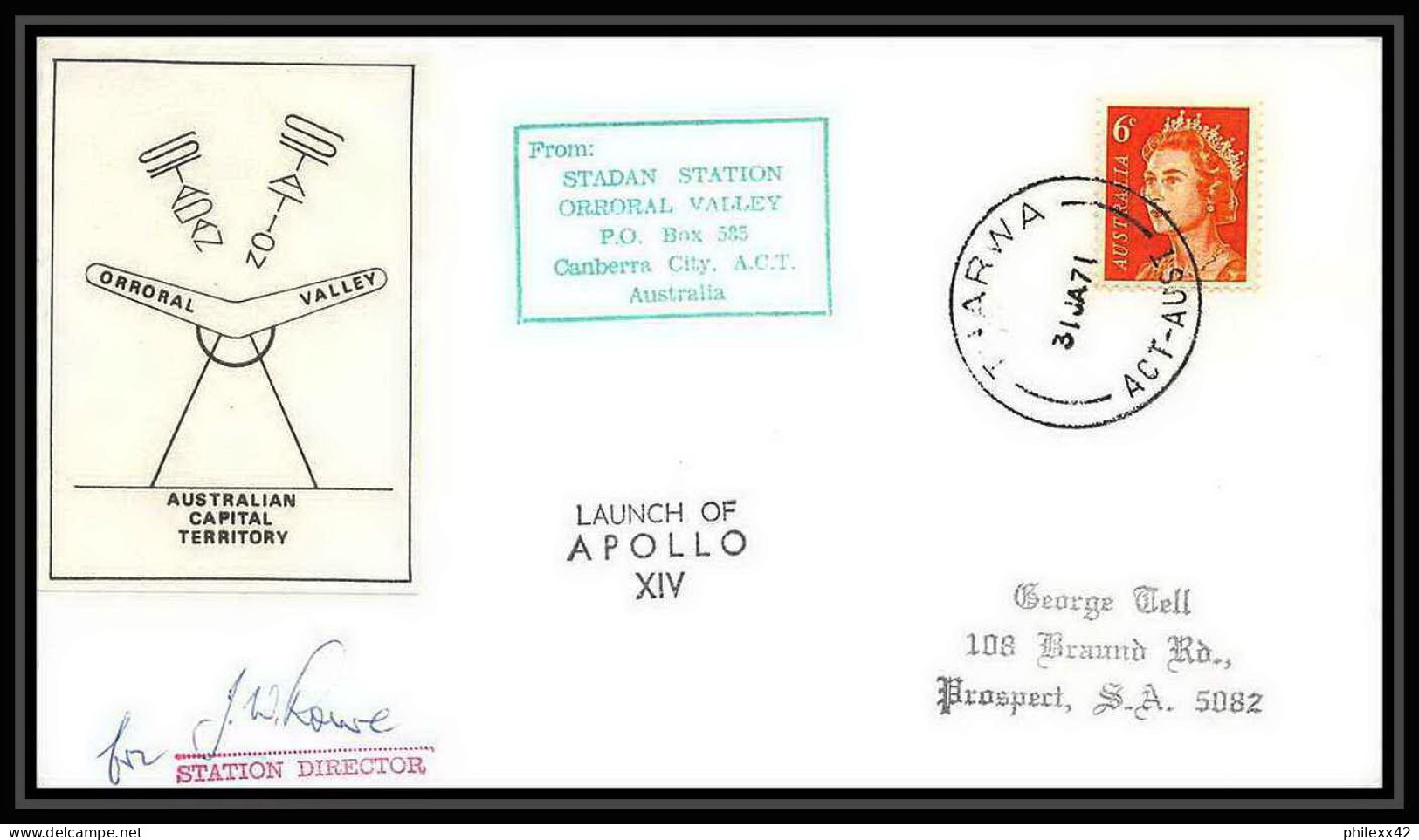 6127/ Espace (space) Lettre (cover) 31/1/1971 Signé (signed Autograph) Launch Of Apollo 14 Stadan Australie (australia)  - Ozeanien