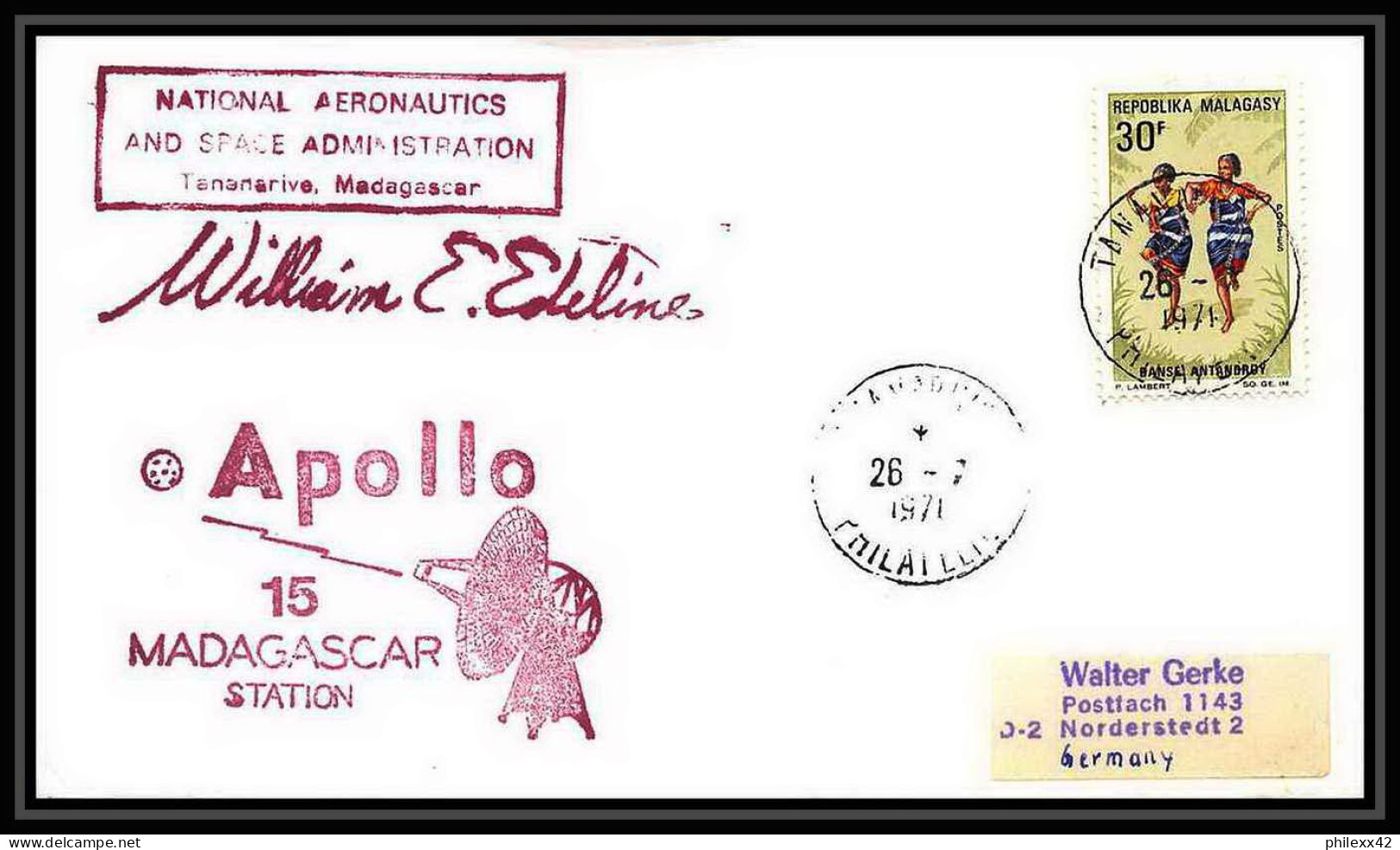 6183/ Espace (space) Lettre (cover) 20/7/1971 Signé (signed Autograph) Apollo 15 Madagascar (malagasy) - Africa
