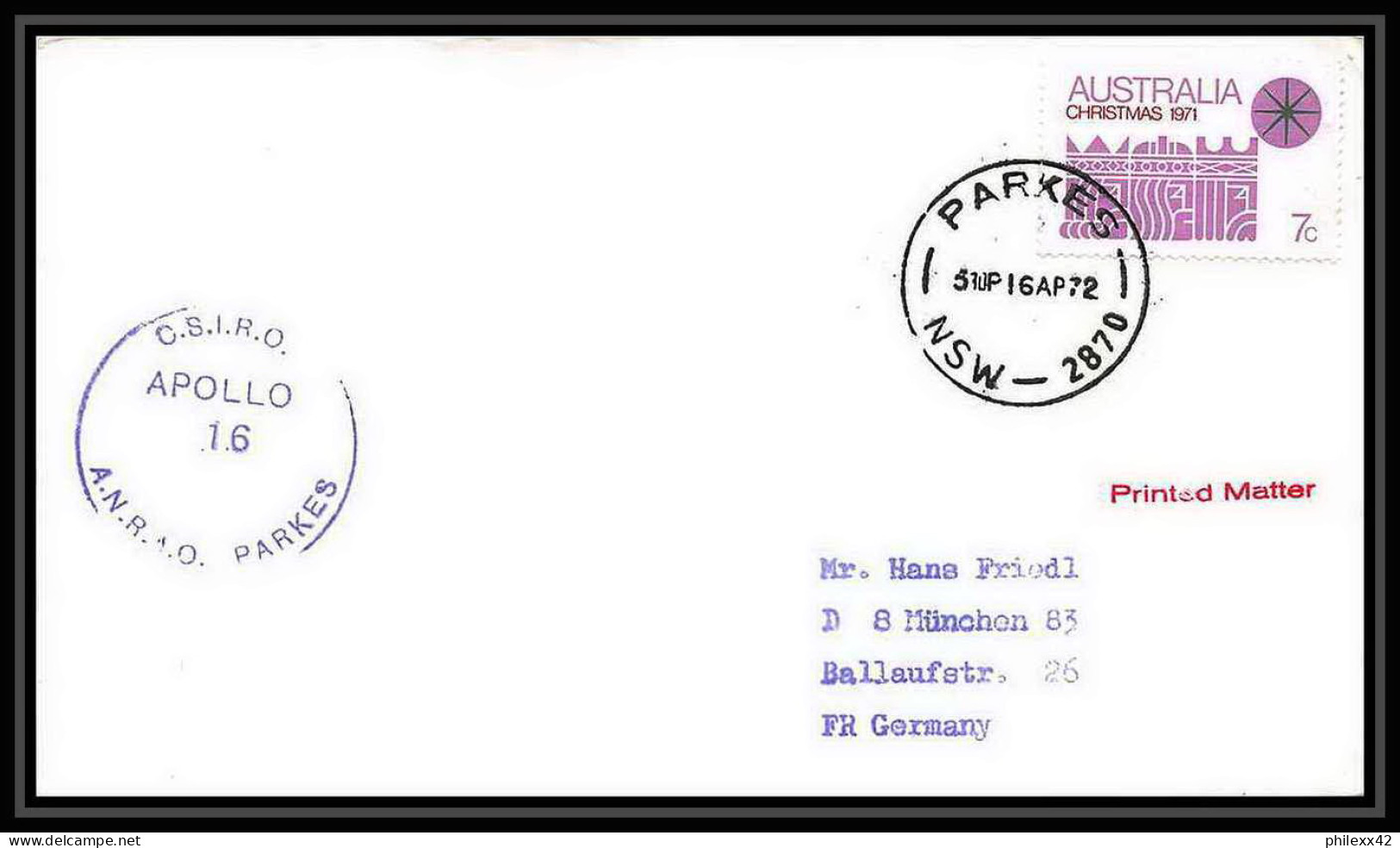 6450/ Espace (space Raumfahrt) Lettre (cover) 16/4/1972 Start Apollo 16 Parkes Australie (australia)  - Ozeanien