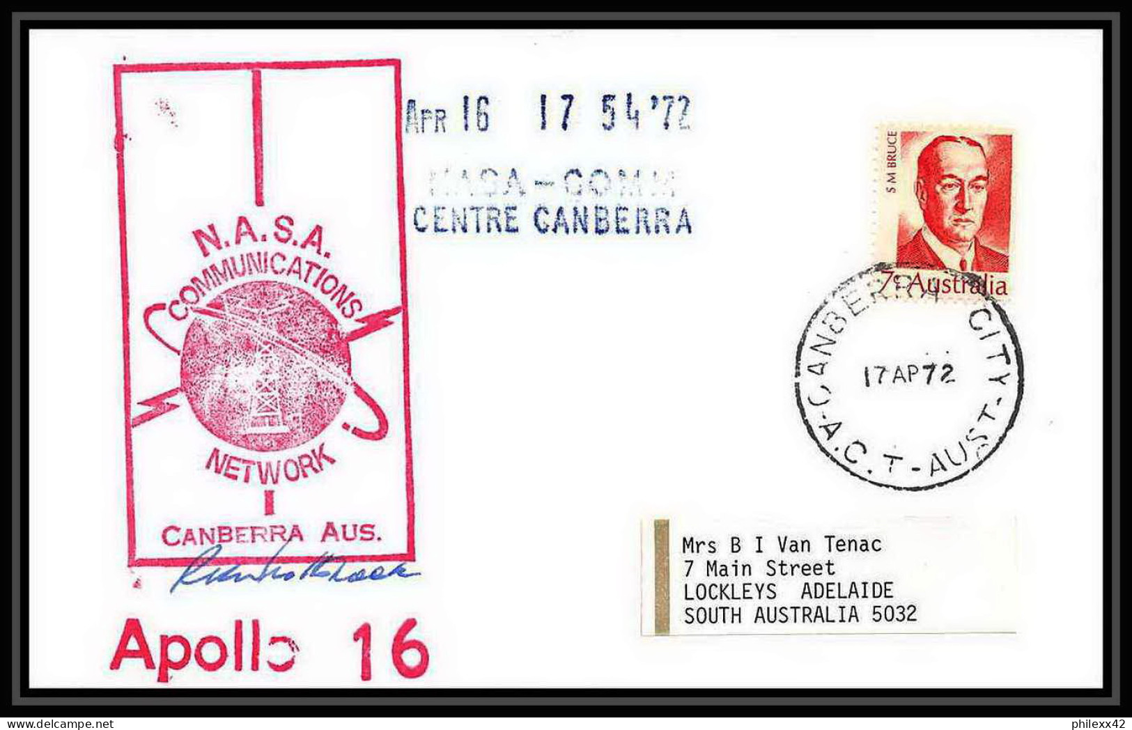 6456/ Espace (space) Lettre (cover) 17/4/1972 Signé (signed Autograph) Apollo 16 Canberra Centre Australie (australia)  - Oceania