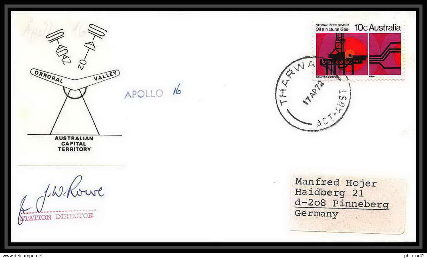 6457/ Espace Space Lettre Cover 17/4/1972 Signé Signed Autograph Apollo 16 Orroral Valley Tharwa Australie (australia)  - Océanie