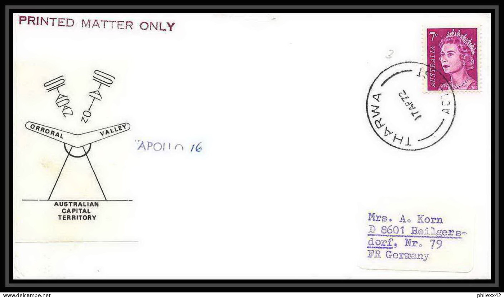 6460/ Espace (space Raumfahrt) Lettre (cover Briefe) 17/4/1972 Apollo 16 Orroral Valley Tharwa Australie (australia)  - Oceania