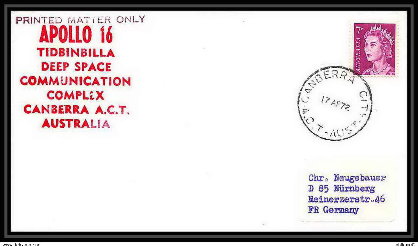 6462/ Espace (space Raumfahrt) Lettre (cover Briefe) 17/4/1972 Apollo 16 TidbinbillAustralie (australia)  - Oceanië