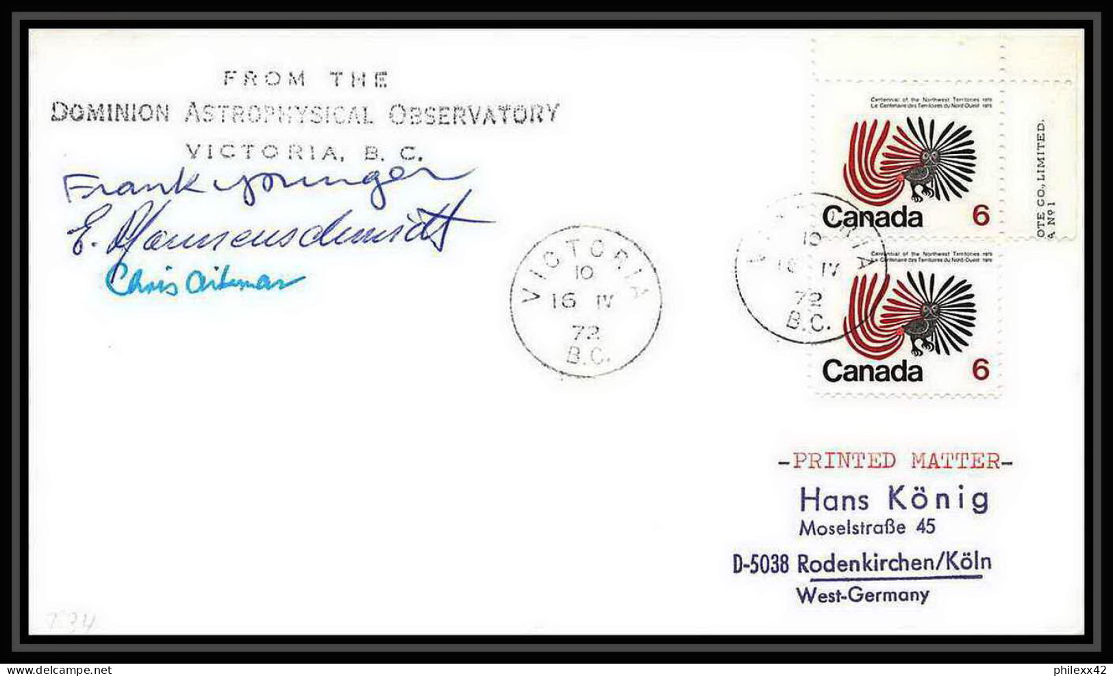 6545/ Espace (space) Lettre (cover) 16/4/1972 Apollo 16 Signé (signed Autograph) Dominion Victoria Canada  - Amérique Du Nord