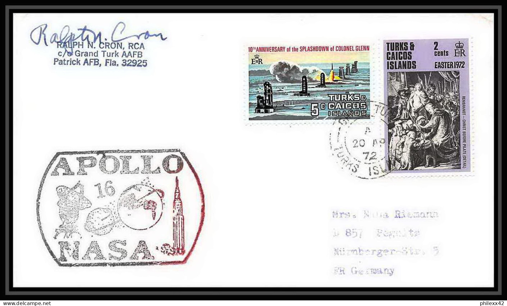 6582/ Espace (space) Lettre (cover) Signé (signed Autograph) 20/4/1972 Apollo 16 Turks And Caicos  - Südamerika