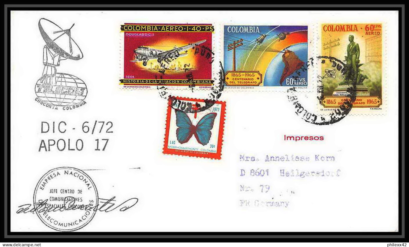 6614/ Espace (space) Lettre (cover) Signé (signed Autograph) 6/12/1972 Apollo 17 Colombie (Colombia)  - Amérique Du Sud