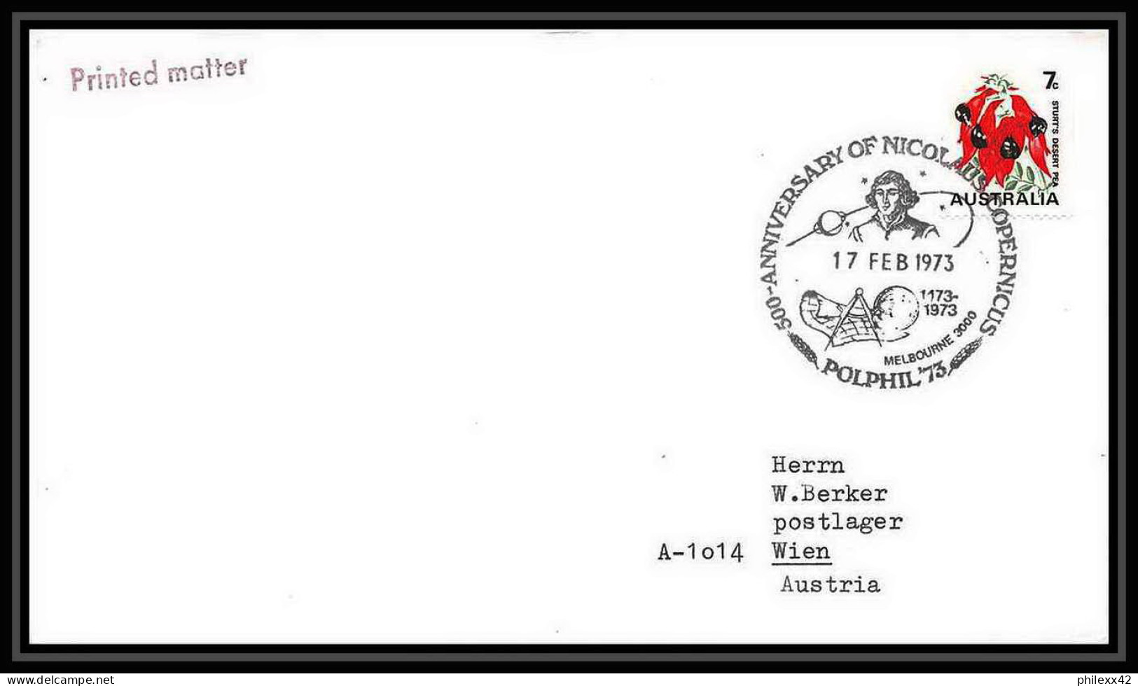 7034/ Espace (space Raumfahrt) Lettre Cover 17/2/1973 Copernic Copernicus Kopernik Polphil 73 Australie (australia) - Océanie