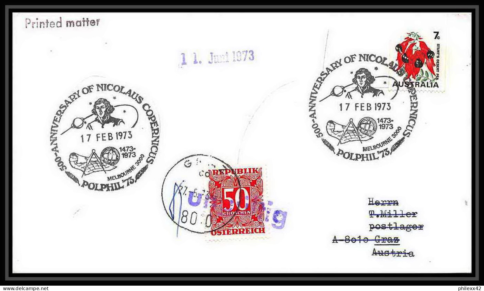 7033/ Espace Space Lettre Cover 17/2/1973 Copernic Copernicus Kopernik Polphil 73 Austria Taxe Australie Australia - Océanie