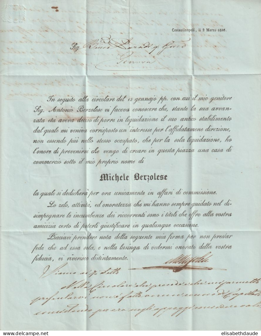 TURQUIE - 1846 - LETTRE IMPRIMEE ! PURIFIEE (CACHET NETO DI FUORA ET DI DENTRO) MARQUE SUP ! De CONSTANTINOPLE => GENOVA - ...-1858 Préphilatélie