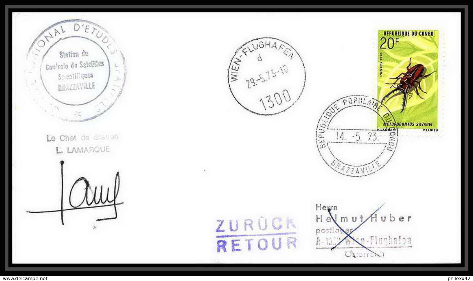 7091/ Espace (space) Lettre (cover) Signé (signed Autograph) 29/5/1973 Station De Brazzaville Skylab 2 Congo - Afrika