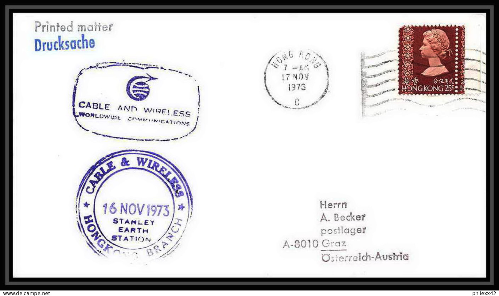 7079/ Espace (space) Cover 16/11/1973 Skylab 4 Cable And Wireless Hong Kong Branch Stanley Taxe Autriche (Austria) - Asie