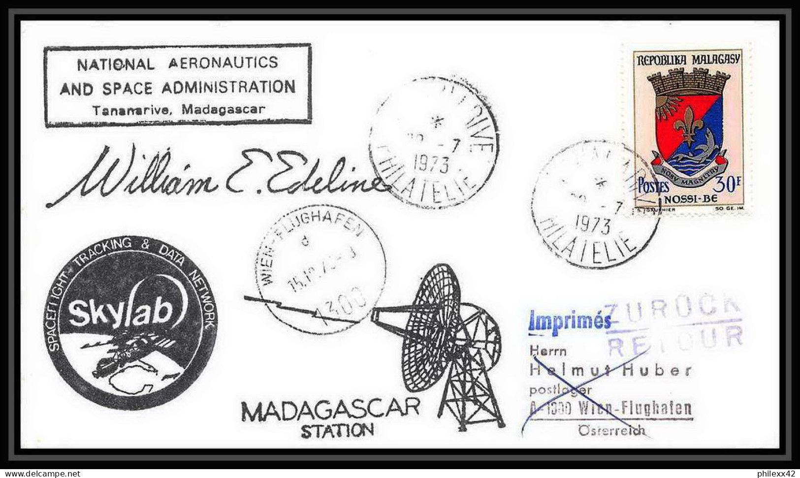 7111/ Espace (space) Lettre (cover) Signé (signed Autograph) 22/7/1973 Skylab 2 Madagascar (malagasy) - Afrique