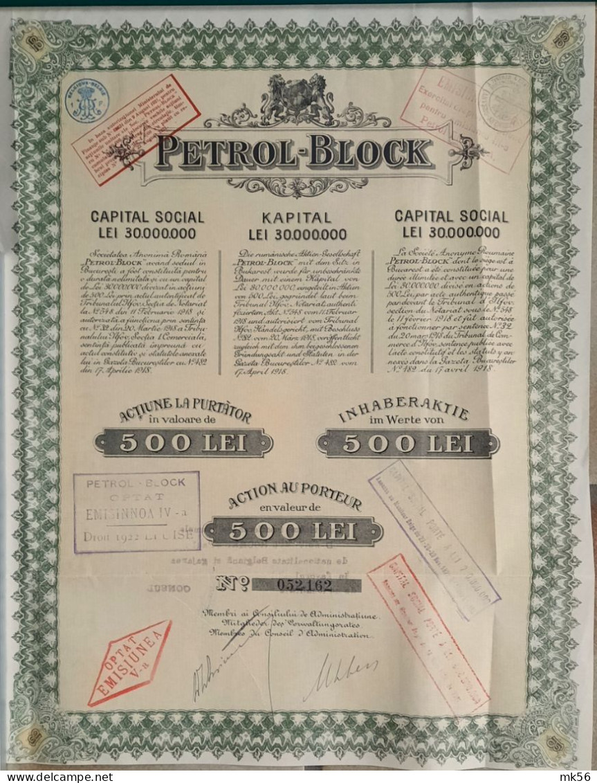 Petrol Block - Action Au Porteur De 500 Lei - 1918 - Capital Social 30 Mio Lei - Pétrole