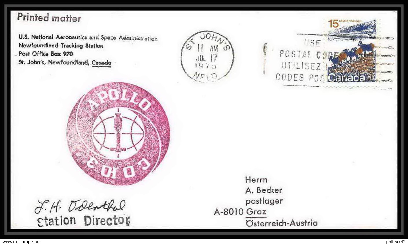 7635/ Espace (space) Lettre (cover) Signé (signed Autograph) 17/7/1975 Fdc APOLLO Soyuz (soyouz Sojus) Project Canada - North  America