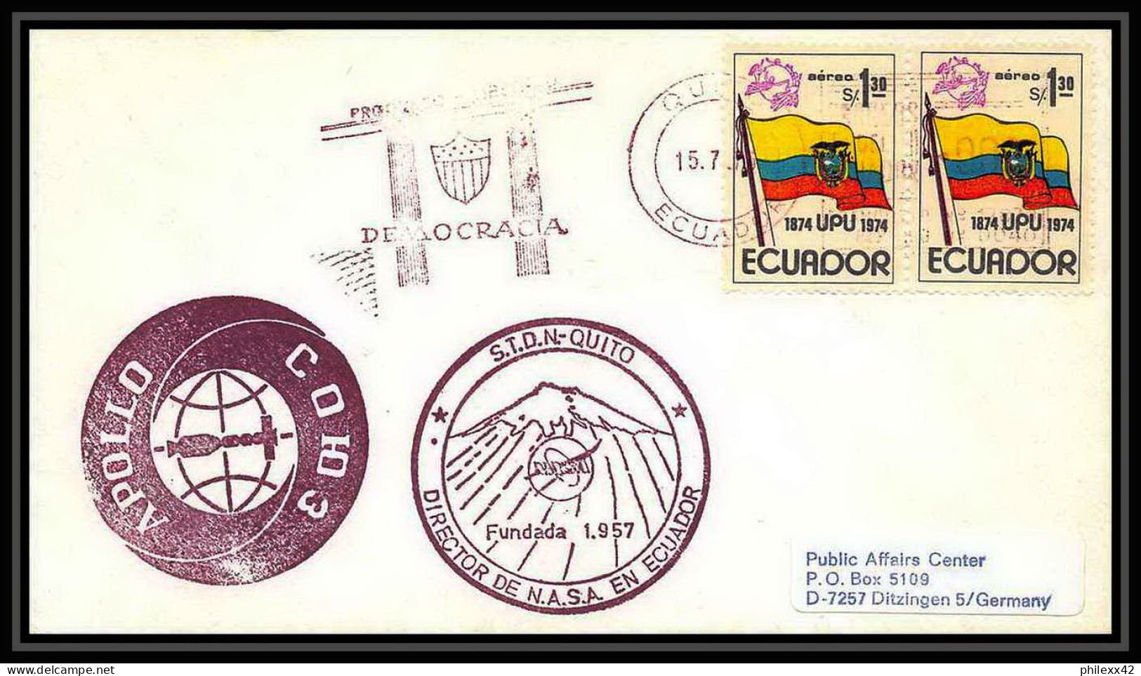7647/ Espace (space Raumfahrt) Lettre (cover Briefe) 15/7/1975 Launch APOLLO Soyuz (soyouz Sojus) Equateur (ecuador) - Amérique Du Sud
