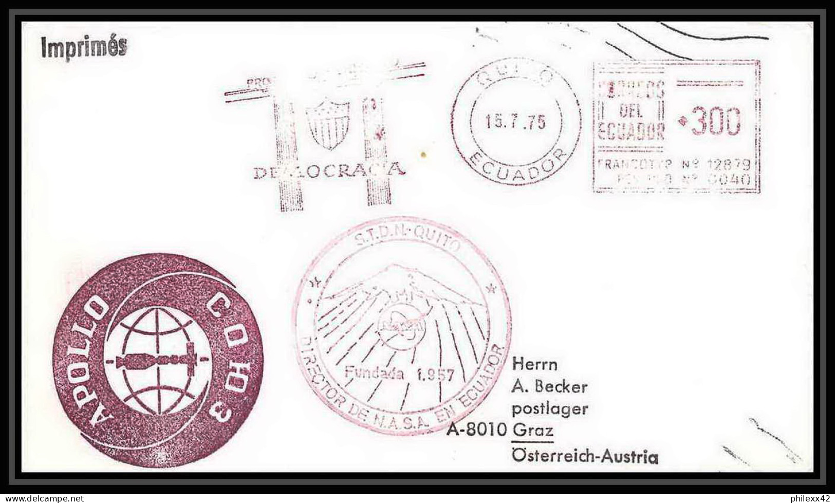 7649/ Espace (space Raumfahrt) Lettre (cover Briefe) 15/7/1975 Launch APOLLO Soyuz (soyouz Sojus) Equateur (ecuador) - South America