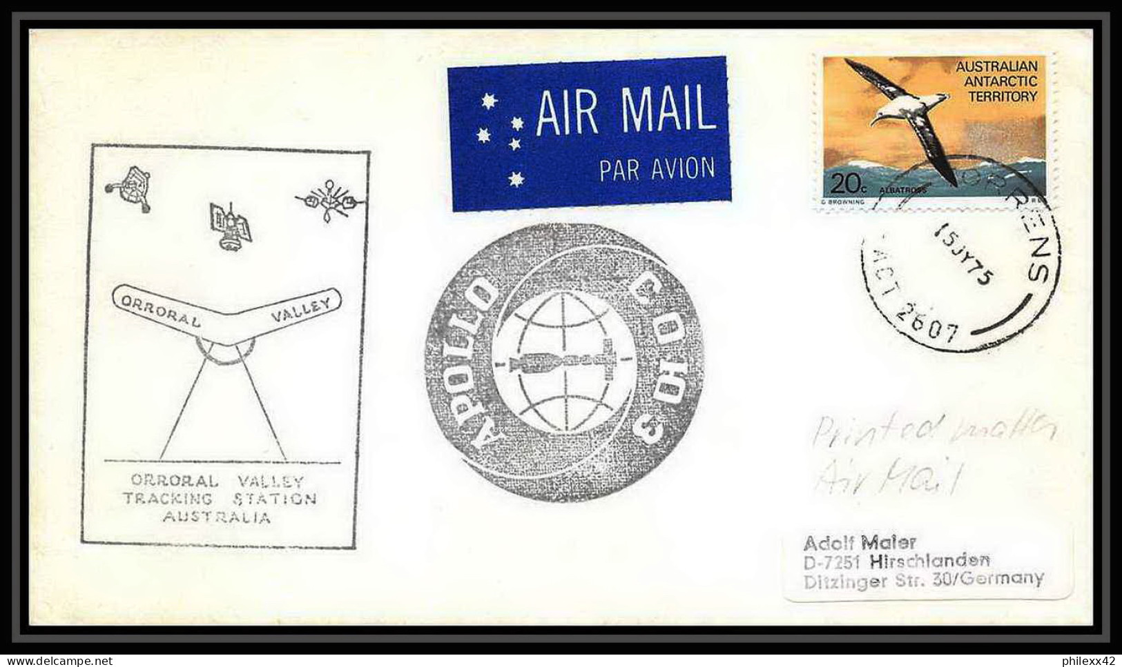 7735/ Espace (space) Lettre (cover) 15/7/1975 Launch APOLLO Soyuz (soyouz Sojus) Australian Antarctic Territory - Océanie