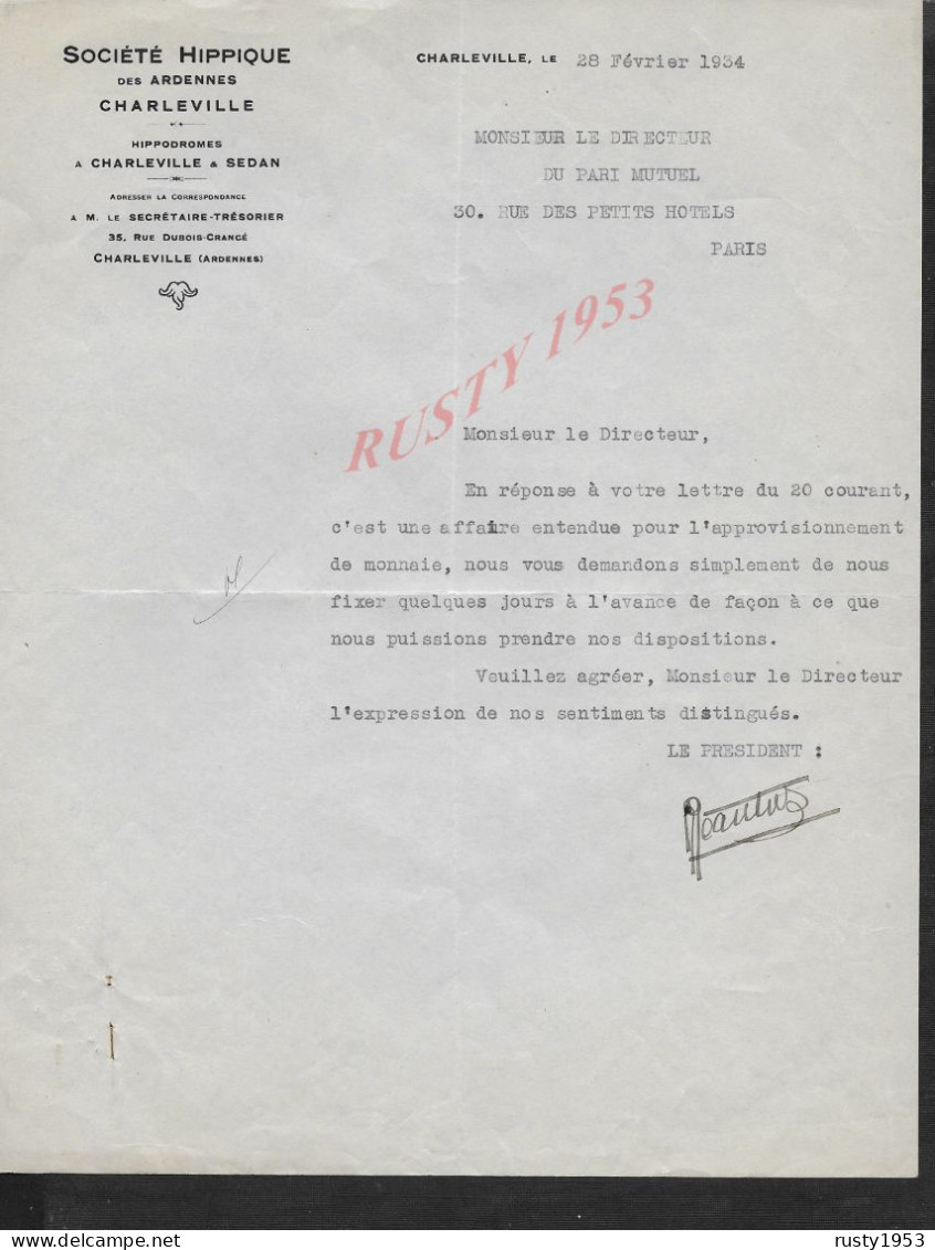 HIPPIMES LETTRE SOCIÉTÉ HIPPIQUE COURSE DE CHEVAUX DE CHARLEVILLE & SEDAN  1934 : - Ruitersport