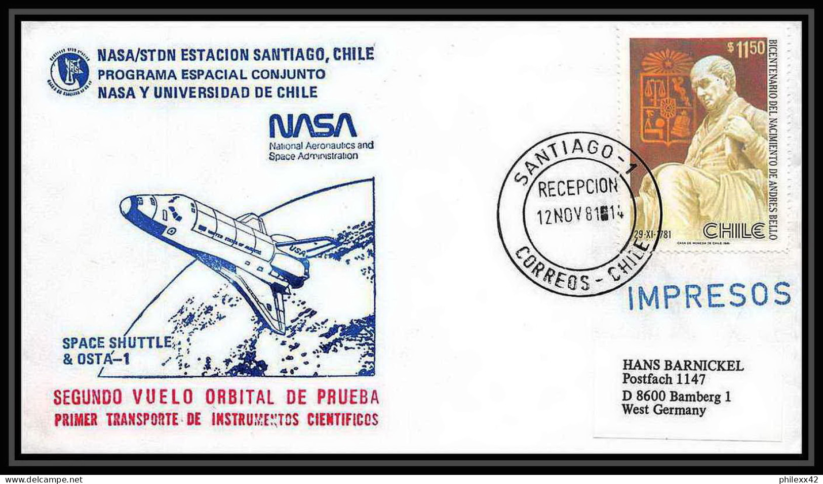 8756/ Espace (space Raumfahrt) Lettre (cover Briefe) 12/11/1981 Shuttle (navette) Sts 2 Chili (chile) - South America