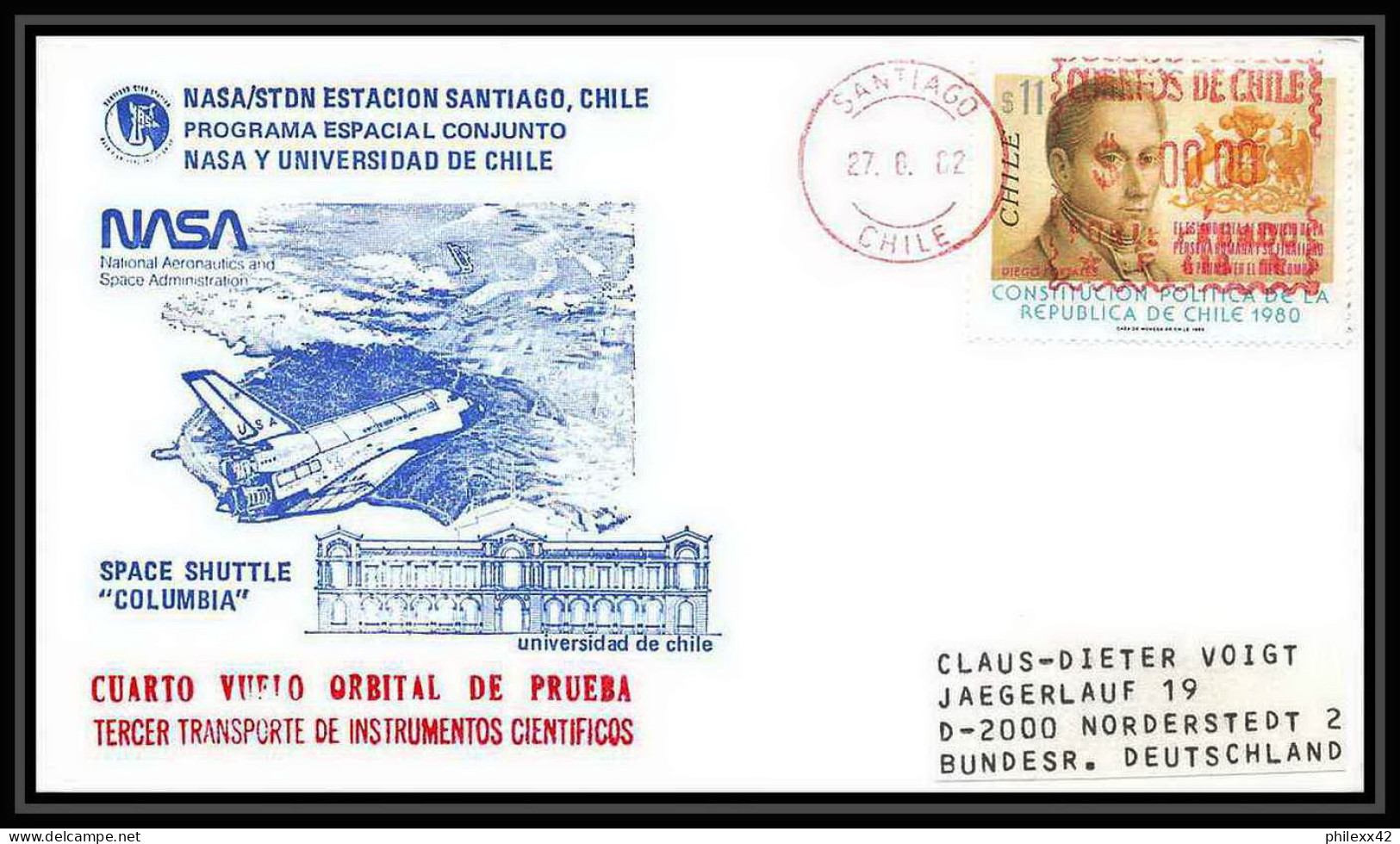 9003/ Espace (space Raumfahrt) Lettre (cover Briefe) 27/6/1982 Sts 3 Shuttle (navette) Columbia Chili (chile) - South America