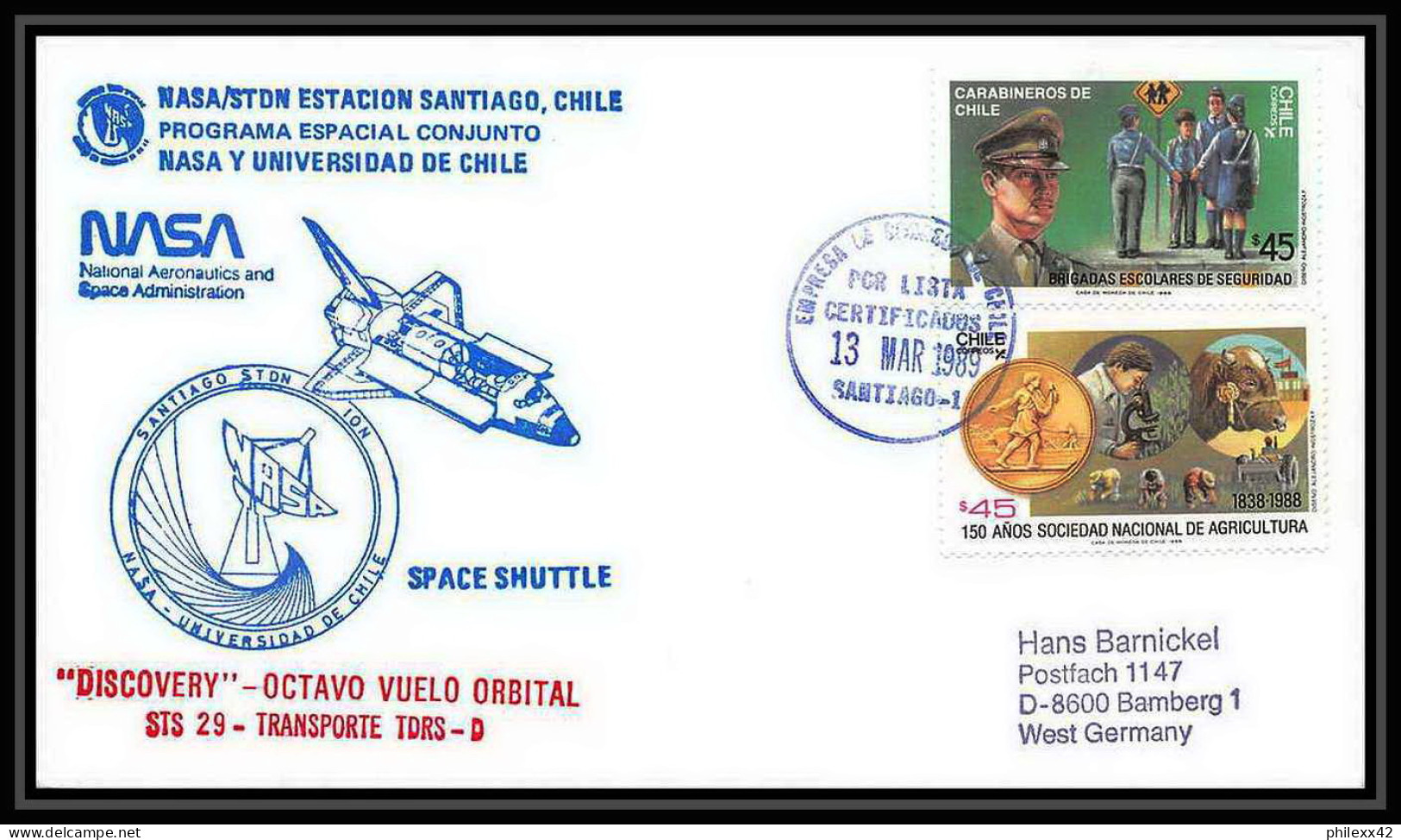 9794/ Espace (space Raumfahrt) Lettre (cover Briefe) 13/3/1989 Launch Sts-29 Shuttle (navette) Chili (chile) - Zuid-Amerika