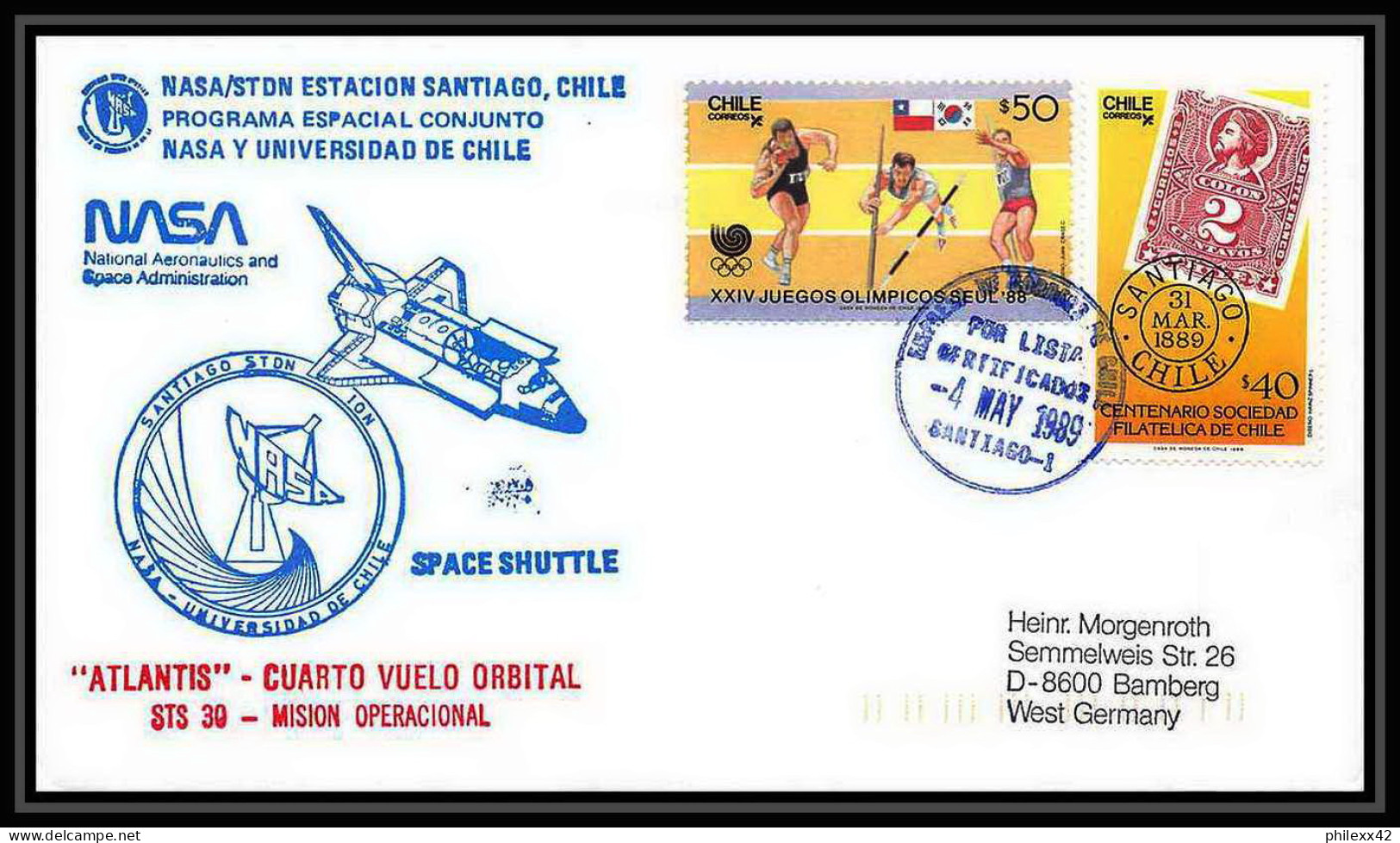 9795/ Espace (space Raumfahrt) Lettre (cover Briefe) 4/5/1989 Launch Sts-30 Shuttle (navette) Atlantis Chili (chile) - Sud America