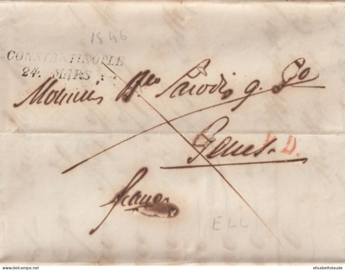 TURQUIE - 1846 - LETTRE PURIFIEE (CACHET NETO DI FUORA ET DI DENTRO) MARQUE LINEAIRE De CONSTANTINOPLE => GENOVA - ...-1858 Prefilatelia