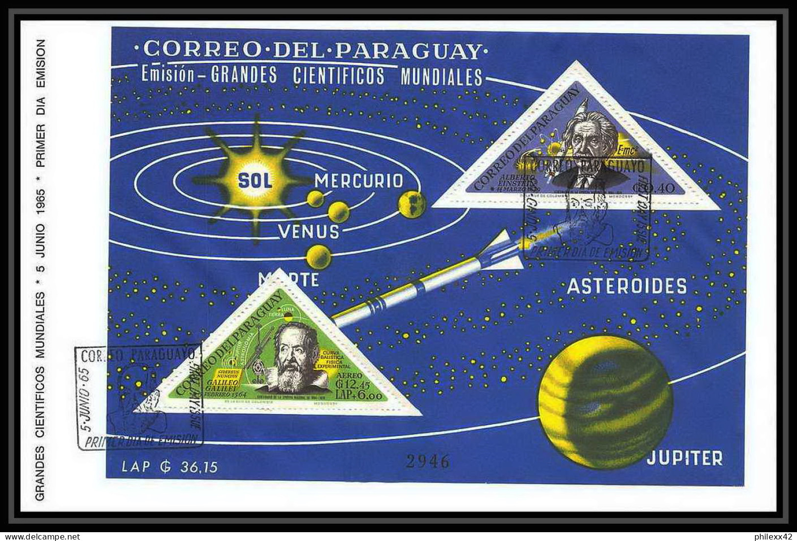 11369/ Espace (space) Lettre Cover Fdc Grandes Cientificos Mundiales Triangle Gallile Copernic Newton Paraguay 5/6/1965 - América Del Sur