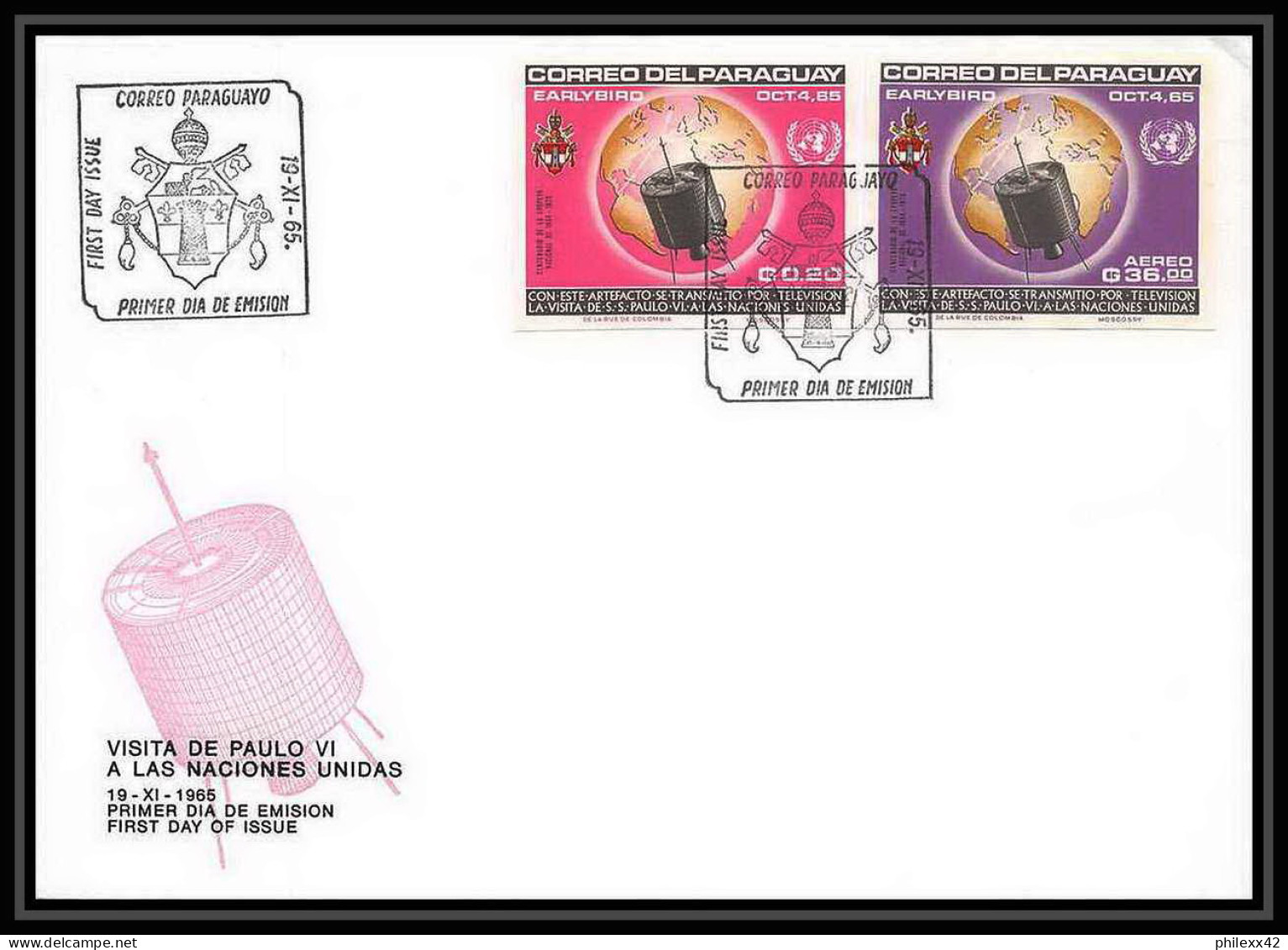 11388/ Espace Space Lettre Cover Fdc Non Dentelé (imperforate) Early Bird Pape Pope Paulo 6 Paraguay 19/11/1965 - Amérique Du Sud