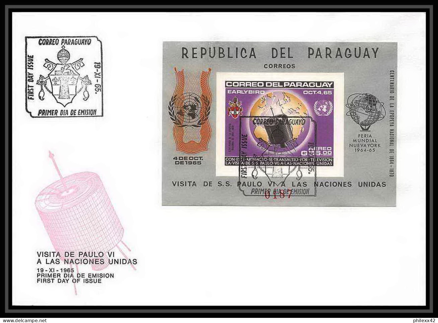 11390/ Espace Space Lettre Cover Fdc Non Dentelé (imperforate) Early Bird Pape Pope Paulo 6 Paraguay 19/11/1965 - América Del Sur