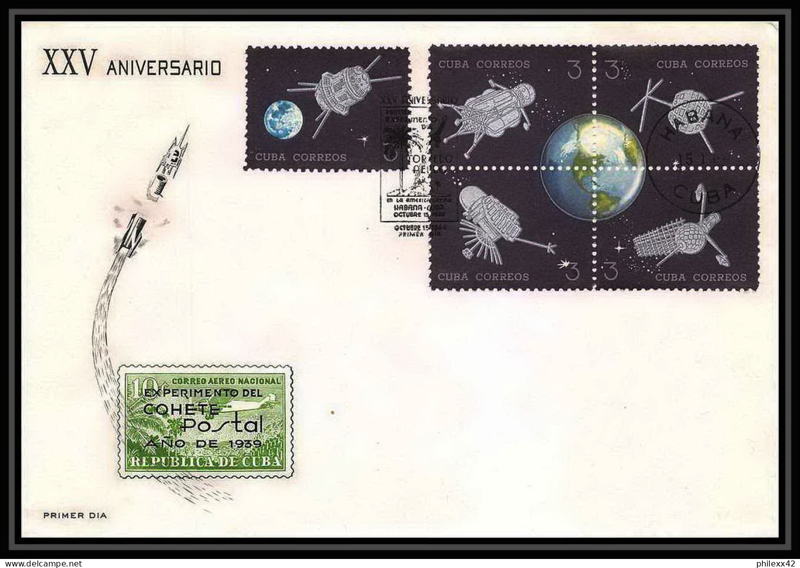 11433/ Espace (space) Lettre (cover) Fdc EXPERIMENTO DEL COHETE POSTAL CUBAN ROCKET Cuba 15/10/1964 - South America