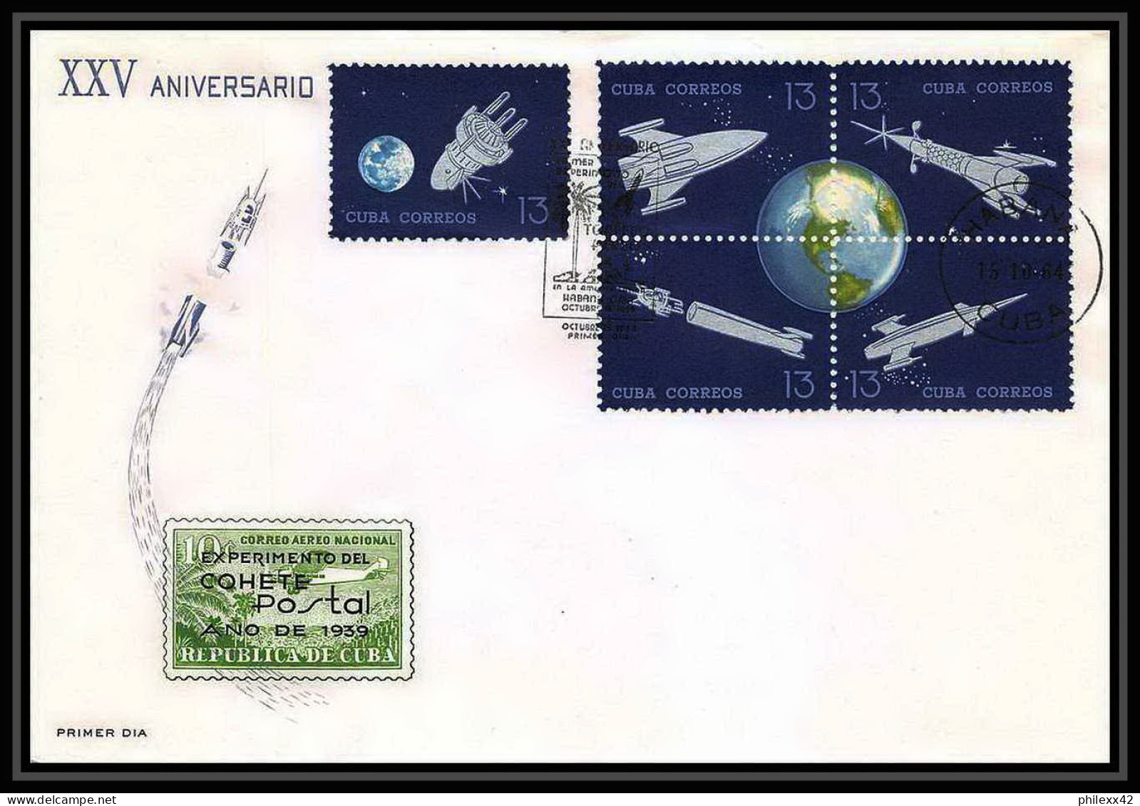 11434/ Espace (space) Lettre (cover) Fdc EXPERIMENTO DEL COHETE POSTAL CUBAN ROCKET Cuba 15/10/1964 - Sud America