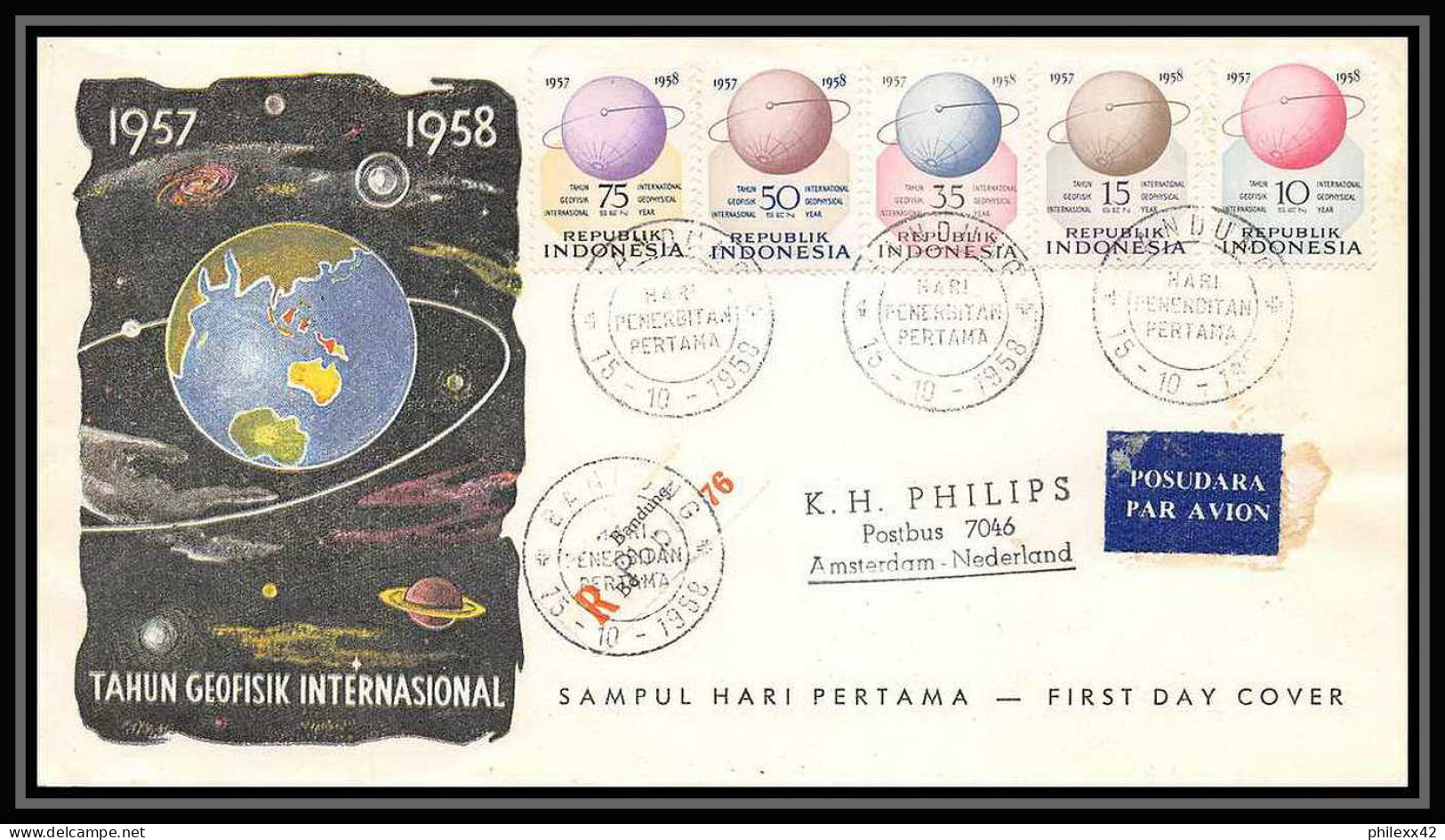 11490/ Espace (space) Lettre (cover) Fdc Tahun Geofisik Internasional Indonésie (Indonesia) 15/10/1958 - Azië