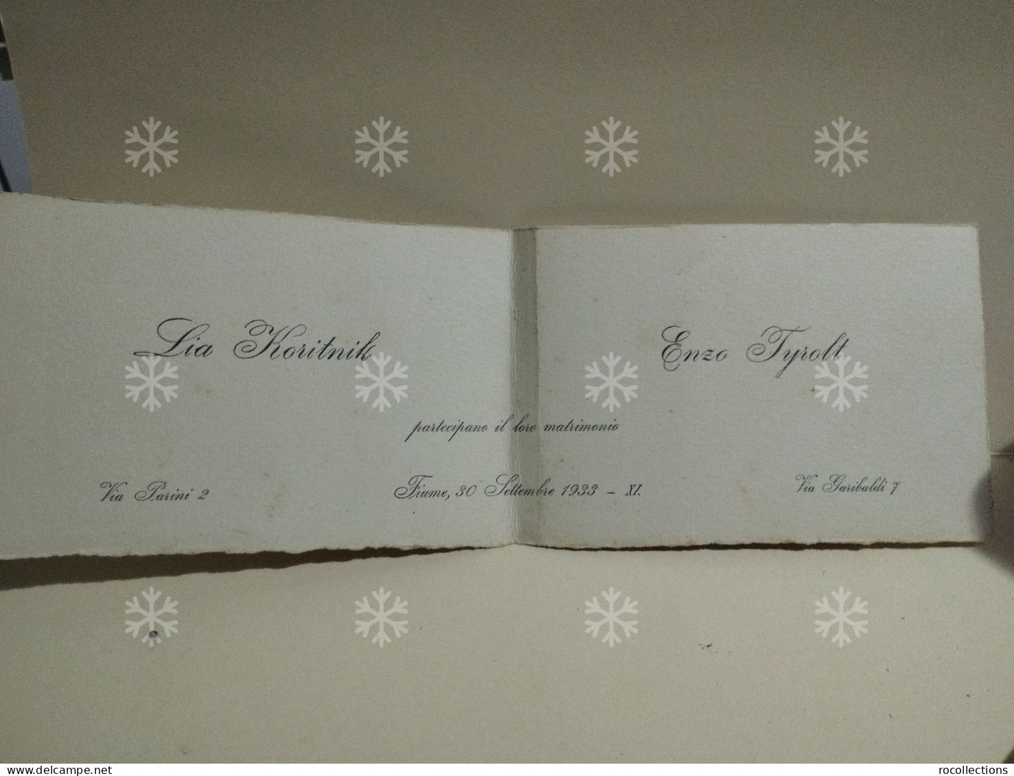 Croatia Rijeka Fiume. Wedding Invitation 30 September 1933. Koritnik - Tyrolt. - Mariage