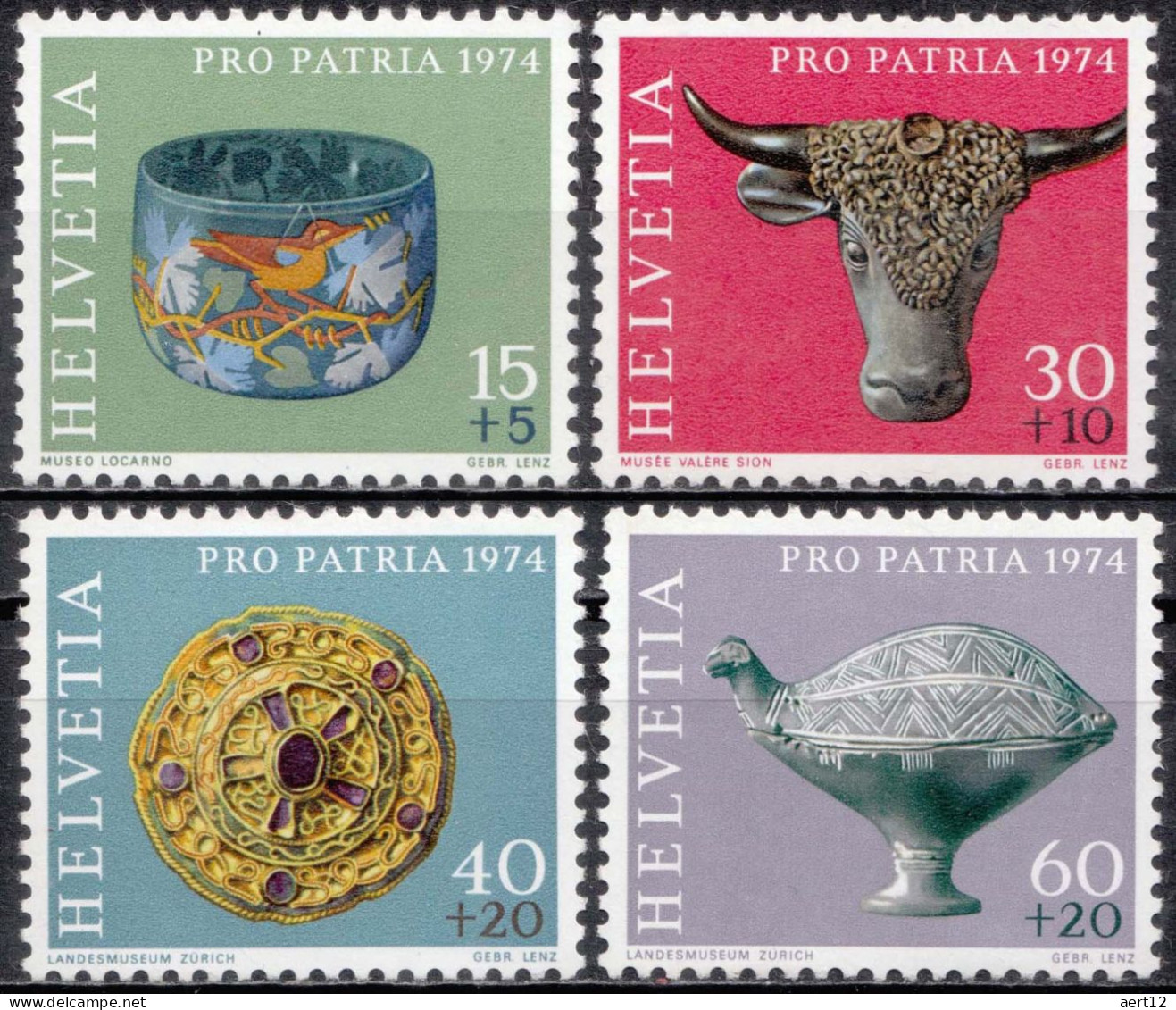 1974, Switzerland, Pro Patria, Archaeology, Art, Bronze Age, Ceramics, Glass And Earthenware,  MNH(**), Mi: 1031-1034 - Neufs