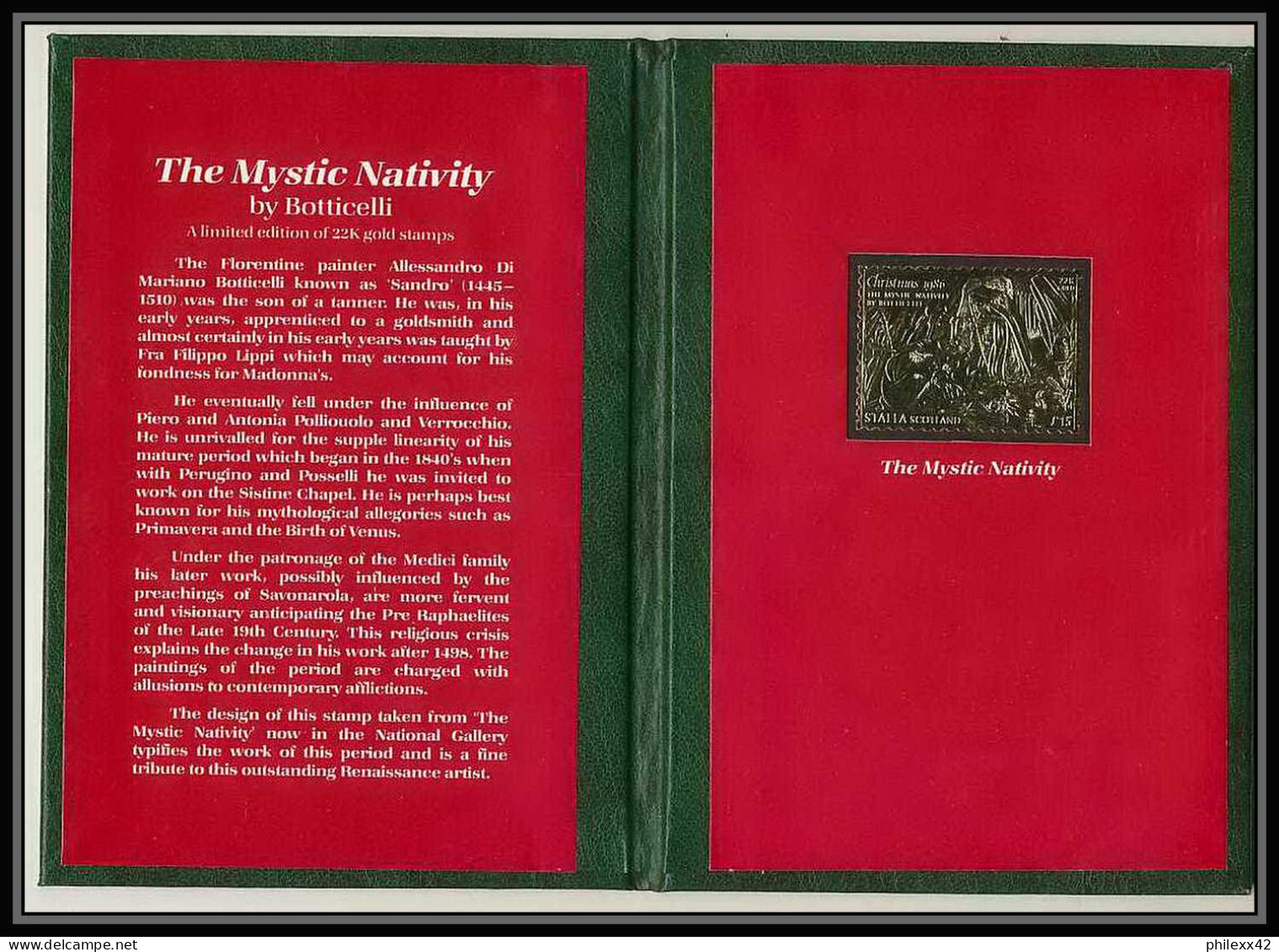 391 Staffa Scotland OR Gold Stamps 1986 Mystic Nativity Botticelli (noel Christmas) Tirage Rare - Scotland