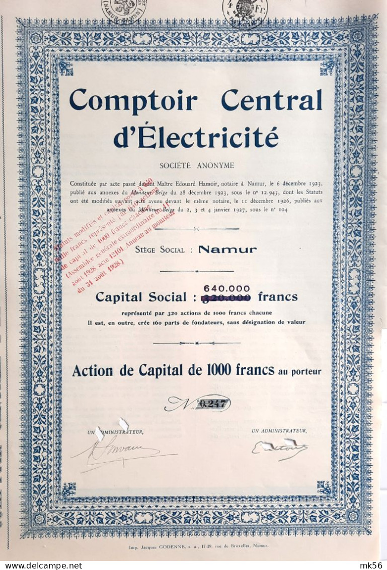 Comptoir Central D'Electricité - 1927 - Namur - Action De Capital De 1000 Francs - Electricité & Gaz