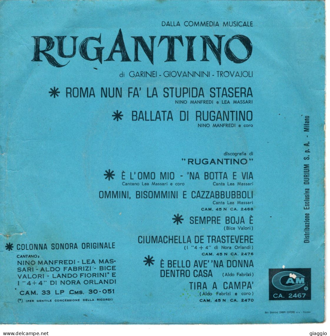 °°° 598) 45 GIRI - NINO MANFREDI - RUGANTINO -  ROMA NUN FA LA STUPIDA STASERA / BALLATA DI RUGANTINO °°° - Autres - Musique Italienne